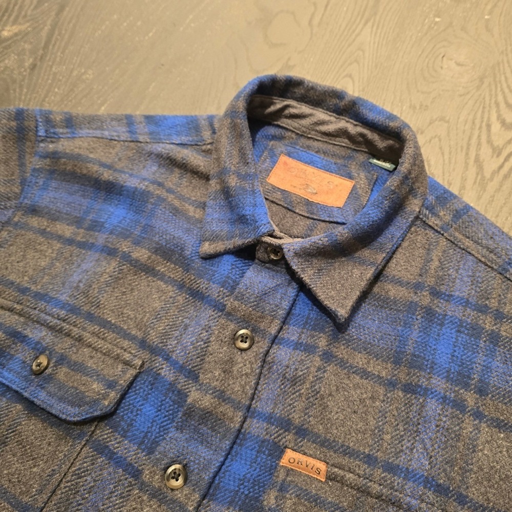 Orvis Mens XL Classic Collection Plaid Flannel Heavy‎ Shirt Blue Grey Button